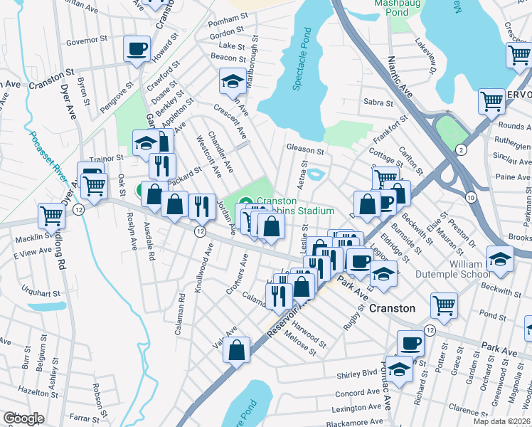 map of restaurants, bars, coffee shops, grocery stores, and more near 50 Midwood St in Cranston