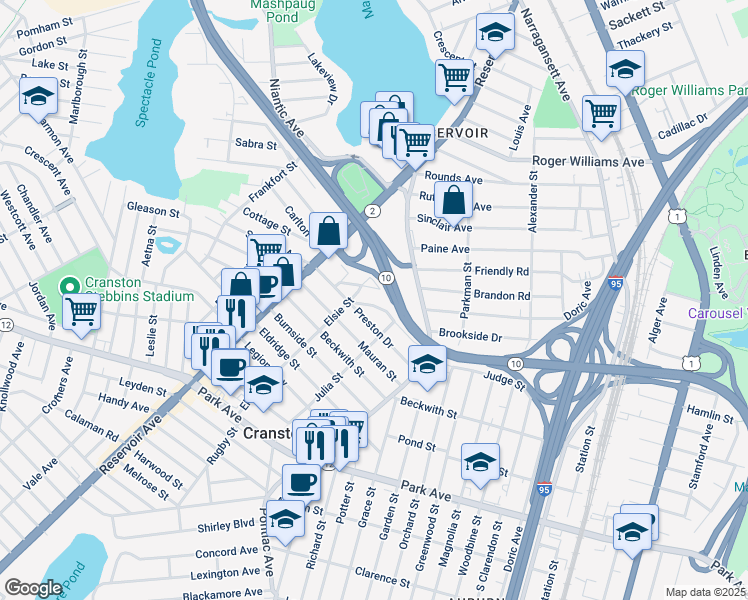 map of restaurants, bars, coffee shops, grocery stores, and more near 71 Beacon Cir in Cranston
