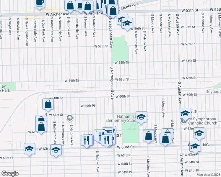 map of restaurants, bars, coffee shops, grocery stores, and more near 5930 South Narragansett Avenue in Chicago