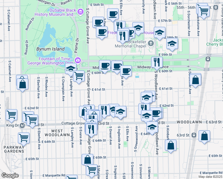 map of restaurants, bars, coffee shops, grocery stores, and more near South Ingleside Avenue & East 61st Street in Chicago