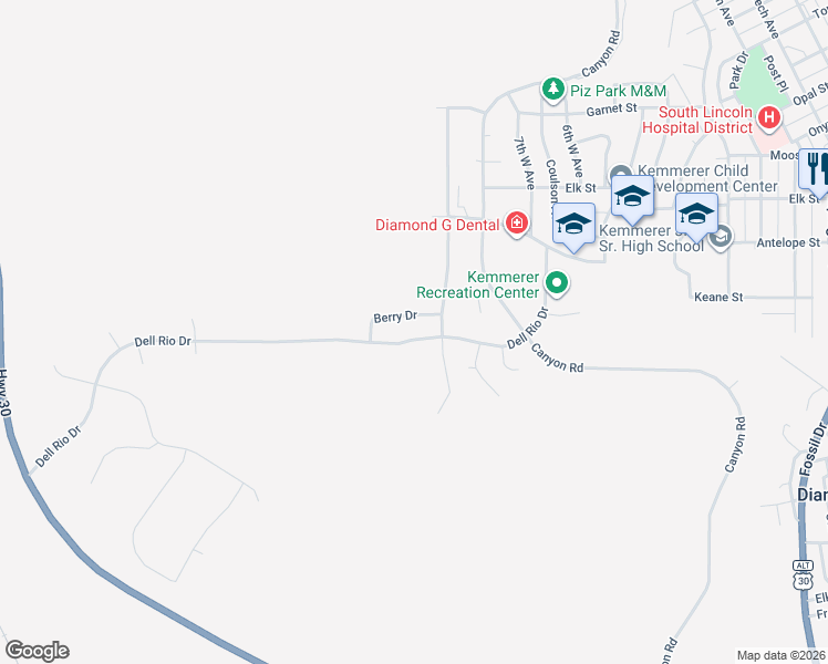 map of restaurants, bars, coffee shops, grocery stores, and more near 1901-1919 Berry Drive in Kemmerer