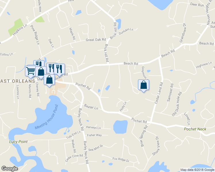 map of restaurants, bars, coffee shops, grocery stores, and more near 19 Brick Hill Road in Orleans