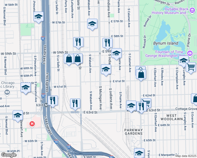 map of restaurants, bars, coffee shops, grocery stores, and more near 6054 South Michigan Avenue in Chicago
