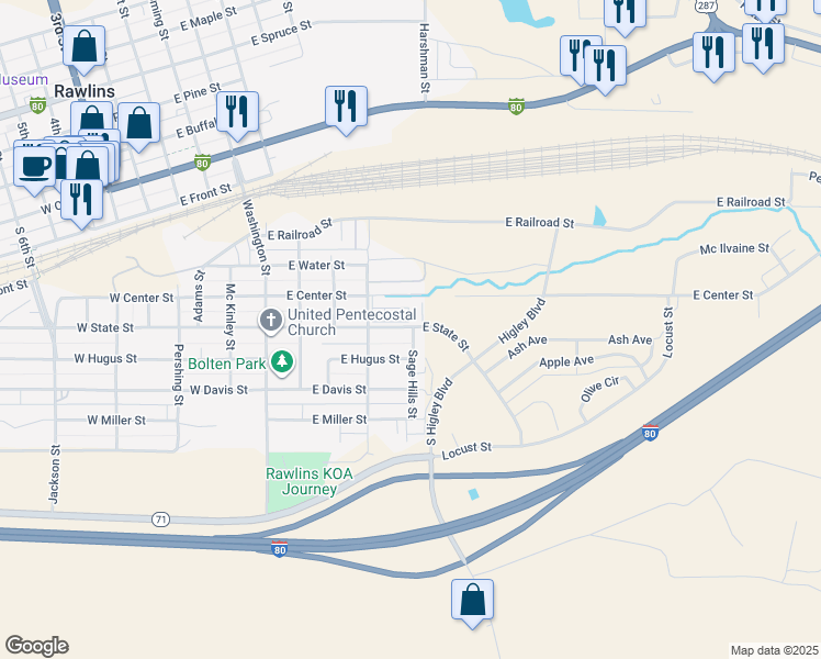 map of restaurants, bars, coffee shops, grocery stores, and more near 401 Sage Hills Street in Rawlins