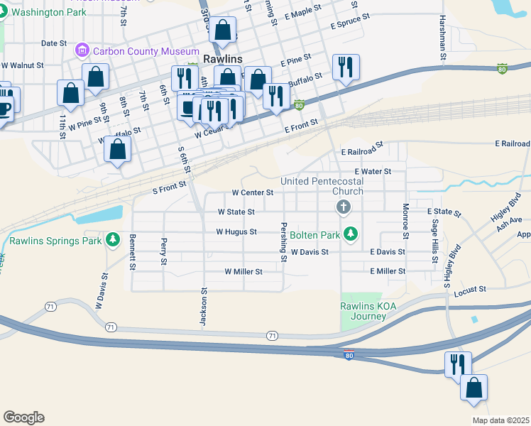 map of restaurants, bars, coffee shops, grocery stores, and more near 426 West State Street in Rawlins