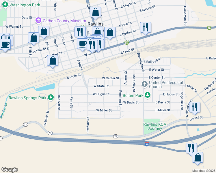 map of restaurants, bars, coffee shops, grocery stores, and more near 426 West State Street in Rawlins