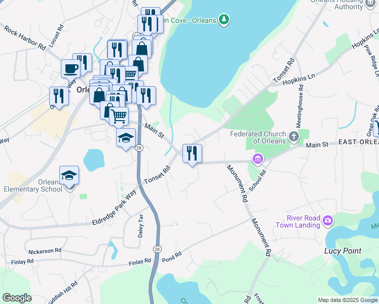 map of restaurants, bars, coffee shops, grocery stores, and more near 96 Main Street in Orleans
