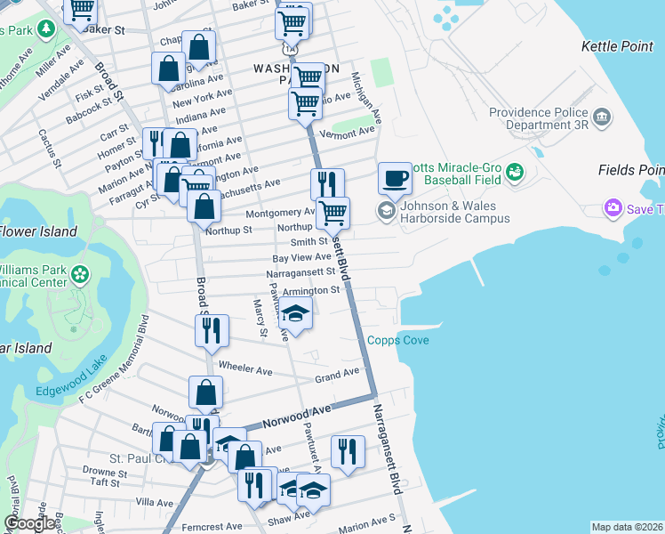 map of restaurants, bars, coffee shops, grocery stores, and more near 165 Narragansett Street in Cranston