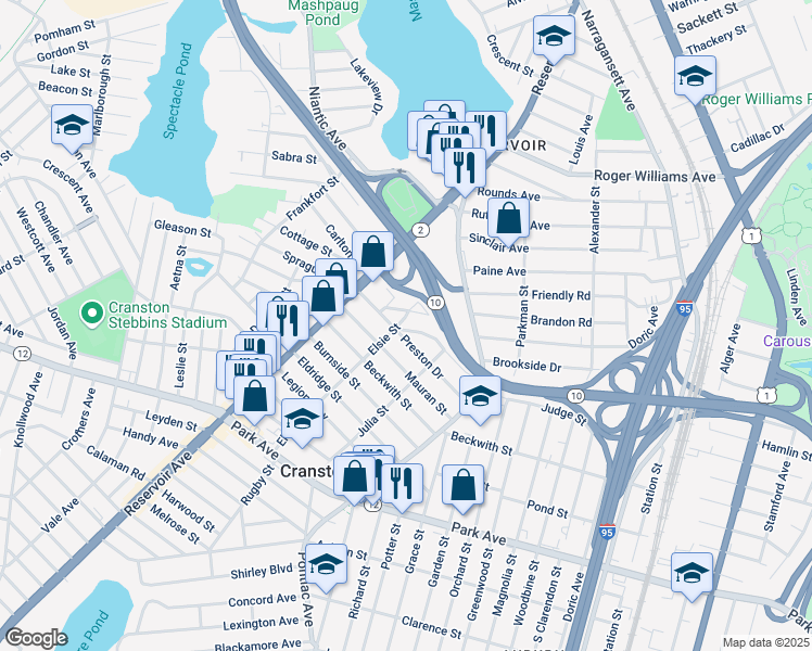 map of restaurants, bars, coffee shops, grocery stores, and more near 71 Beacon Circle in Cranston