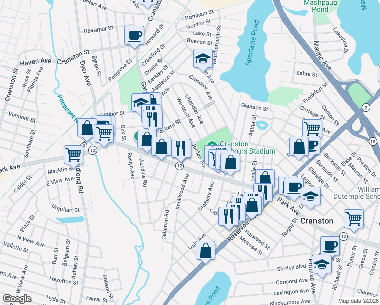 map of restaurants, bars, coffee shops, grocery stores, and more near 17 Overland Avenue in Cranston