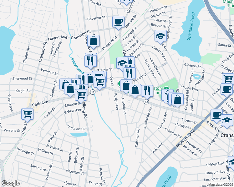 map of restaurants, bars, coffee shops, grocery stores, and more near 1232 Park Avenue in Cranston