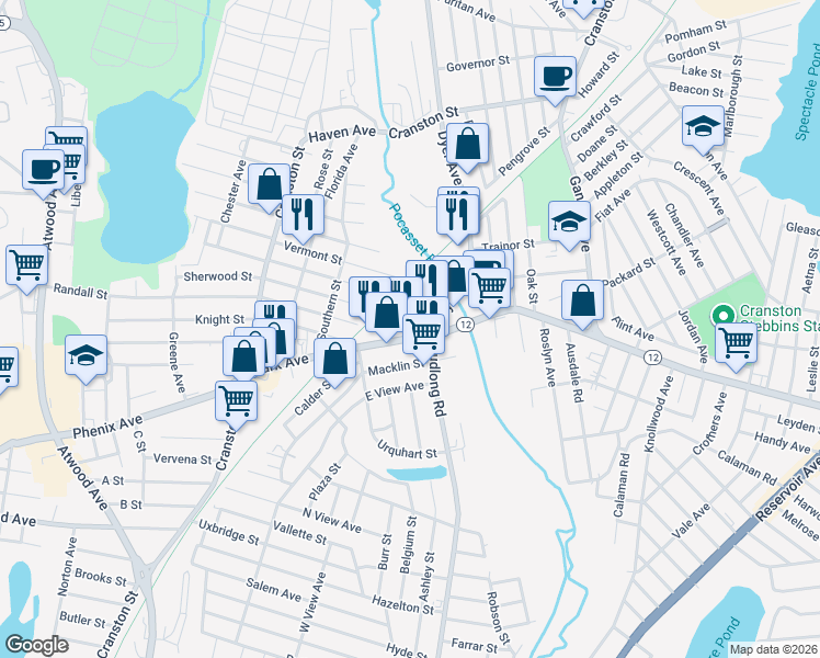 map of restaurants, bars, coffee shops, grocery stores, and more near 1369 Park Avenue in Cranston