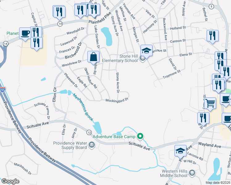 map of restaurants, bars, coffee shops, grocery stores, and more near 290 Stony Acre Drive in Cranston