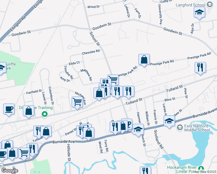 map of restaurants, bars, coffee shops, grocery stores, and more near 25 Henderson Drive in East Hartford