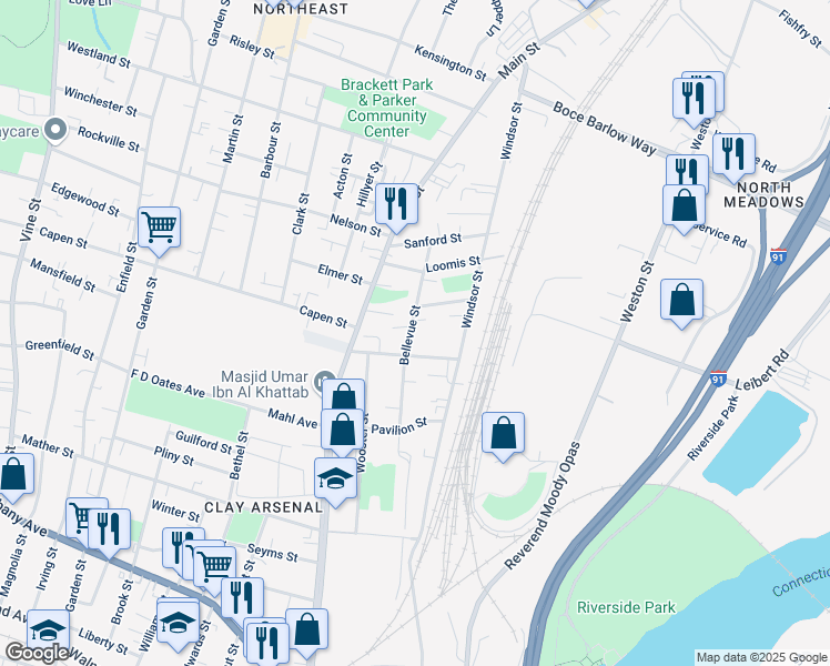 map of restaurants, bars, coffee shops, grocery stores, and more near 269 Bellevue Street in Hartford