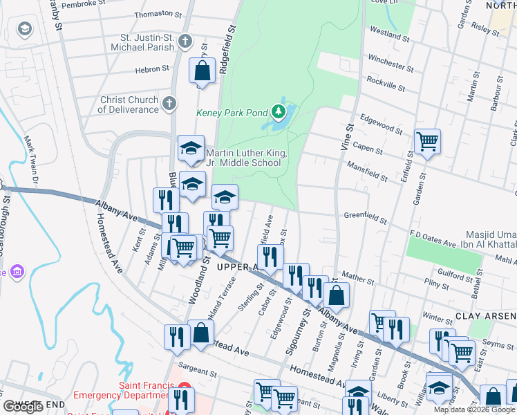 map of restaurants, bars, coffee shops, grocery stores, and more near 205 Greenfield Street in Hartford