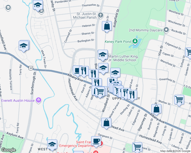 map of restaurants, bars, coffee shops, grocery stores, and more near 110 Adams Street in Hartford