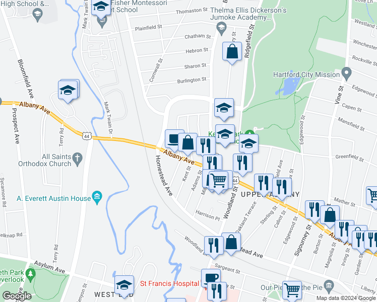 map of restaurants, bars, coffee shops, grocery stores, and more near 85 Kent Street in Hartford