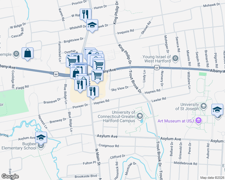 map of restaurants, bars, coffee shops, grocery stores, and more near 39 Sky View Drive in West Hartford