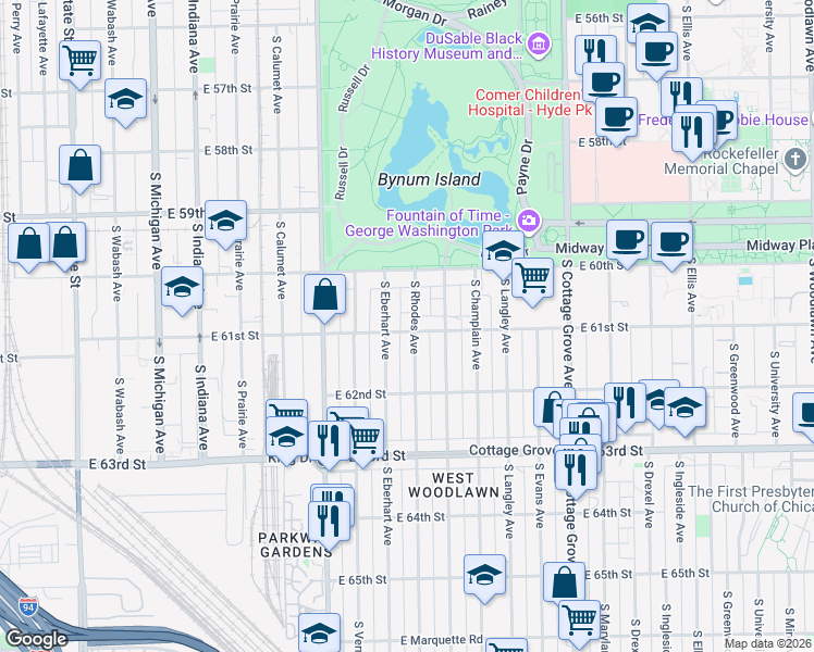 map of restaurants, bars, coffee shops, grocery stores, and more near 6105 South Rhodes Avenue in Chicago