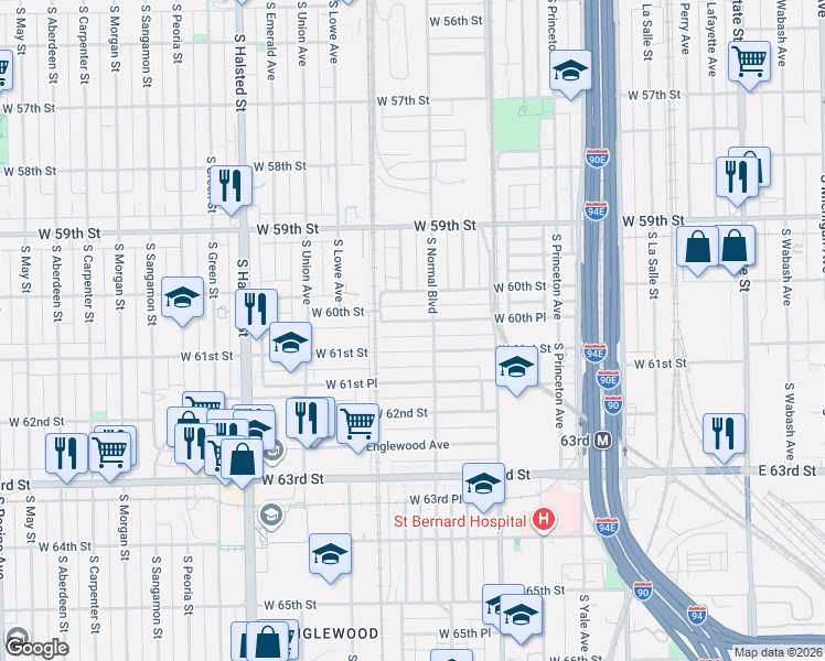 map of restaurants, bars, coffee shops, grocery stores, and more near 535 West 60th Place in Chicago