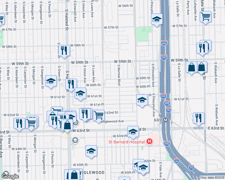 map of restaurants, bars, coffee shops, grocery stores, and more near 535 West 60th Place in Chicago