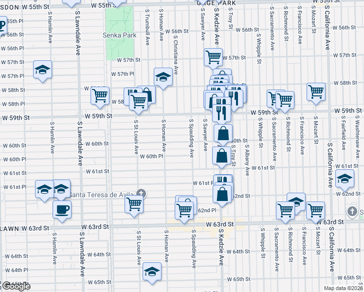 map of restaurants, bars, coffee shops, grocery stores, and more near 3321 West 60th Street in Chicago