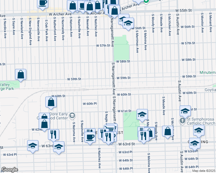 map of restaurants, bars, coffee shops, grocery stores, and more near 5930 South Nagle Avenue in Chicago