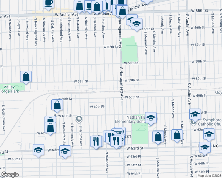 map of restaurants, bars, coffee shops, grocery stores, and more near 5930 South Nagle Avenue in Chicago