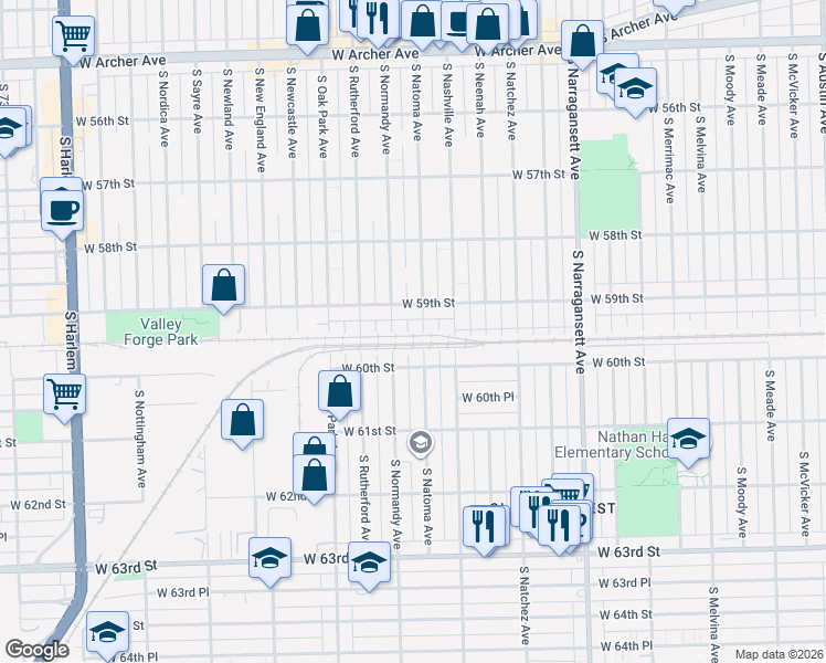 map of restaurants, bars, coffee shops, grocery stores, and more near 5925 South Natoma Avenue in Chicago