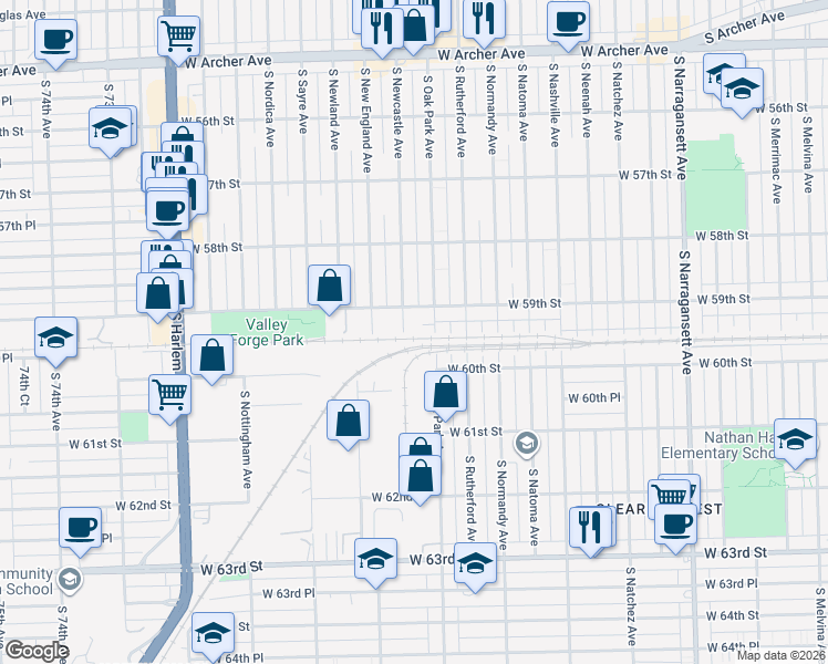 map of restaurants, bars, coffee shops, grocery stores, and more near 5925 South Newcastle Avenue in Chicago