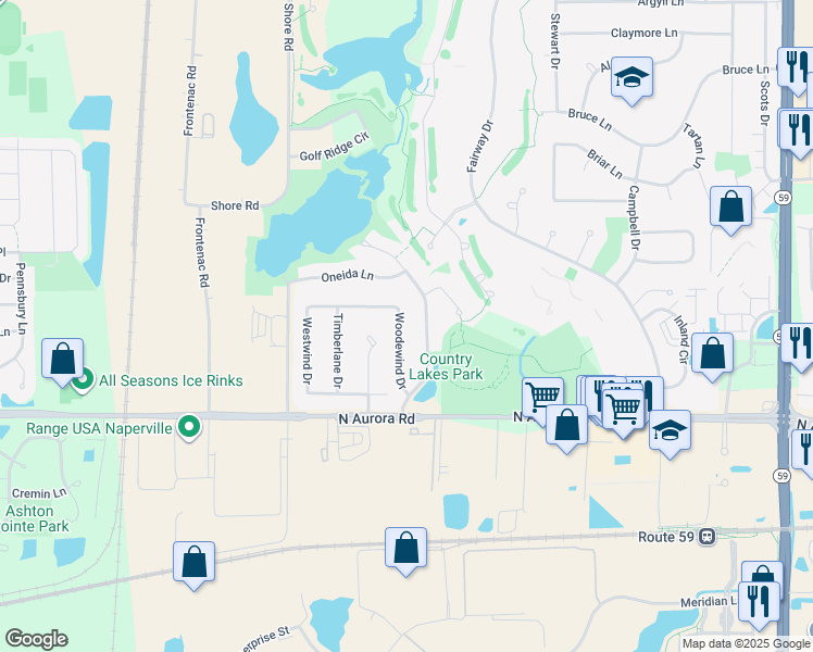 map of restaurants, bars, coffee shops, grocery stores, and more near 807 Woodewind Drive in Naperville