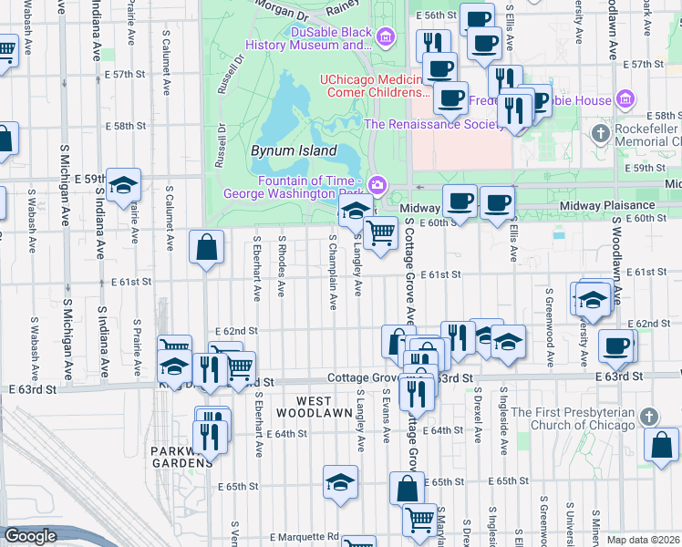 map of restaurants, bars, coffee shops, grocery stores, and more near 638 East 61st Street in Chicago