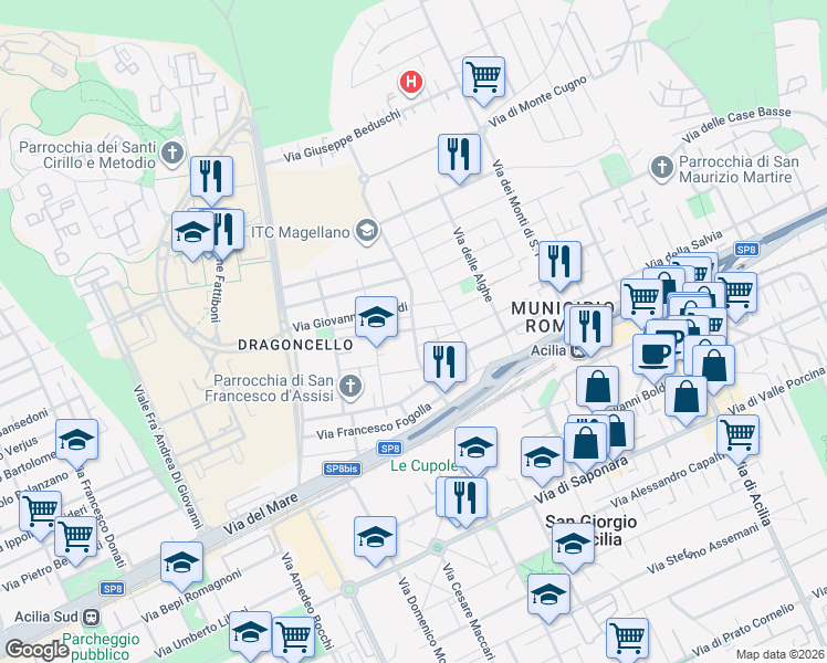 map of restaurants, bars, coffee shops, grocery stores, and more near Via Andrea Catrani in Acilia-castel Fusano-ostia Antica