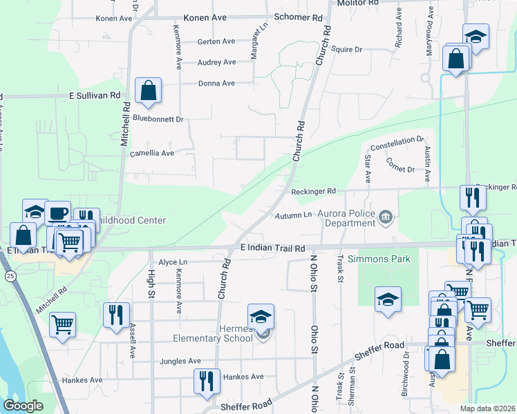 map of restaurants, bars, coffee shops, grocery stores, and more near 1300 Church Road in Aurora