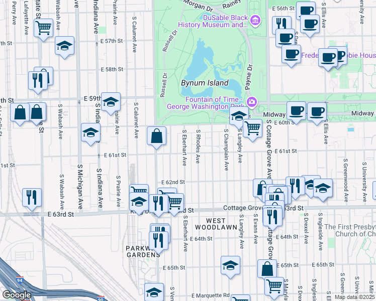 map of restaurants, bars, coffee shops, grocery stores, and more near 502 East 61st Street in Chicago
