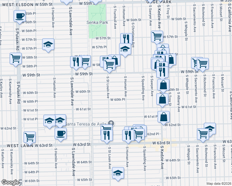 map of restaurants, bars, coffee shops, grocery stores, and more near 3433 West 60th Street in Chicago