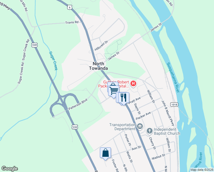 map of restaurants, bars, coffee shops, grocery stores, and more near 3-9 Colonial Drive in Towanda