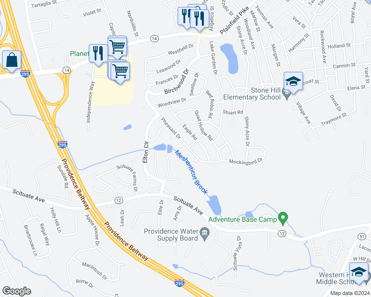 map of restaurants, bars, coffee shops, grocery stores, and more near 147 Pheasant Drive in Cranston