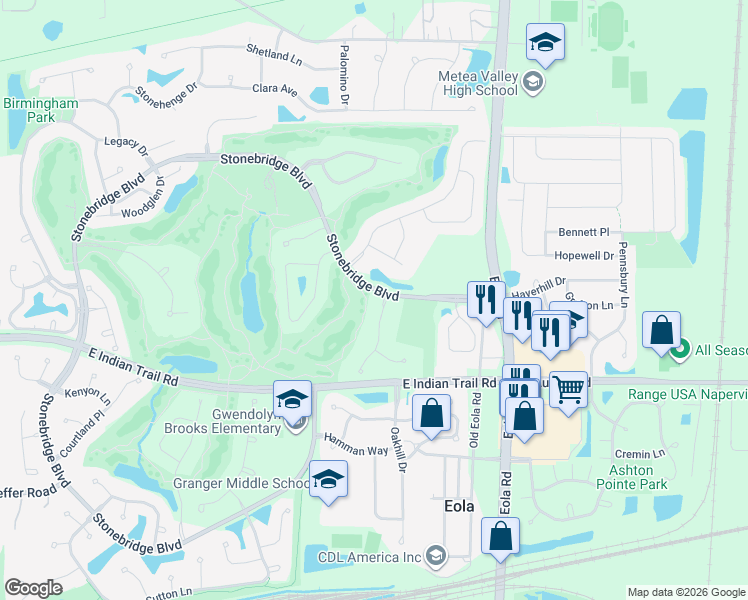 map of restaurants, bars, coffee shops, grocery stores, and more near 1290 Radford Drive in Aurora
