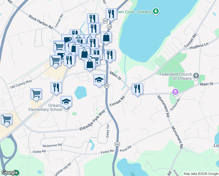 map of restaurants, bars, coffee shops, grocery stores, and more near 69 South Orleans Road in Orleans