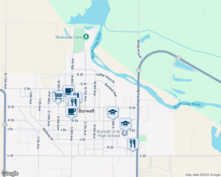 map of restaurants, bars, coffee shops, grocery stores, and more near Burwell Avenue in Burwell