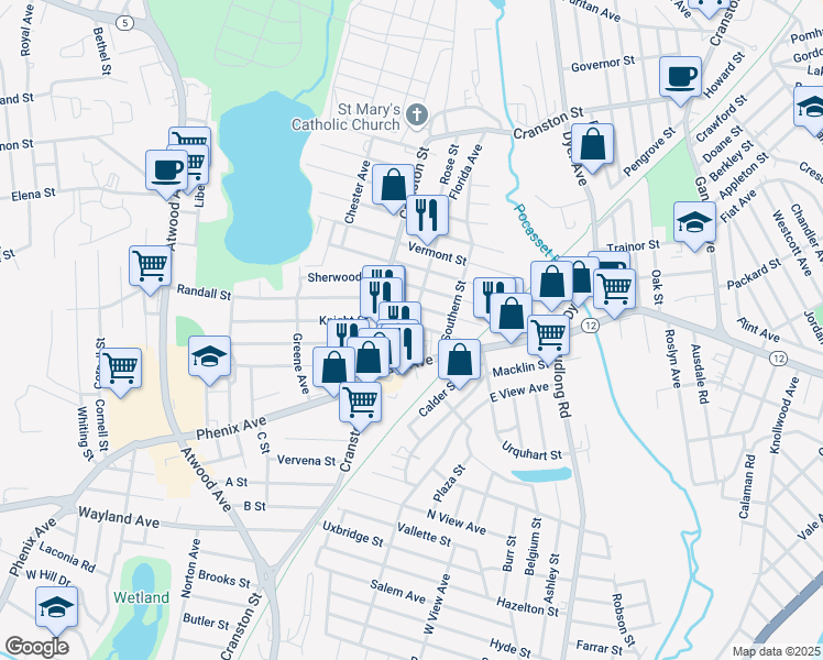map of restaurants, bars, coffee shops, grocery stores, and more near 34 America Street in Cranston