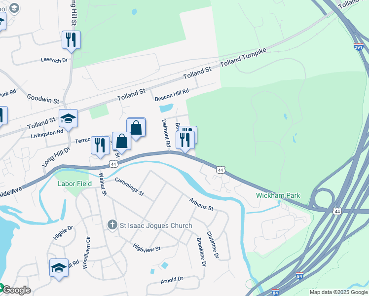 map of restaurants, bars, coffee shops, grocery stores, and more near in East Hartford