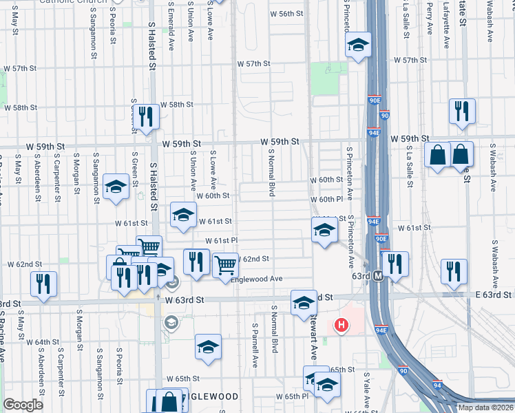 map of restaurants, bars, coffee shops, grocery stores, and more near 535 West 60th Place in Chicago