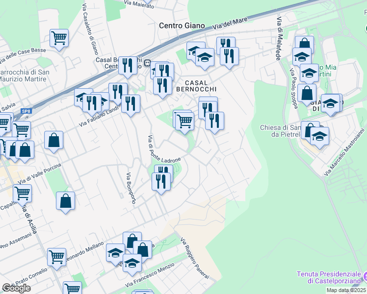 map of restaurants, bars, coffee shops, grocery stores, and more near 79 Via Casal Bernocchi in Città metropolitana di Roma Capitale