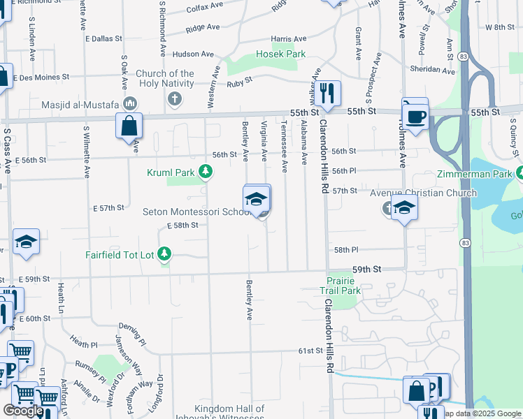 map of restaurants, bars, coffee shops, grocery stores, and more near 5722 Virginia Avenue in Clarendon Hills