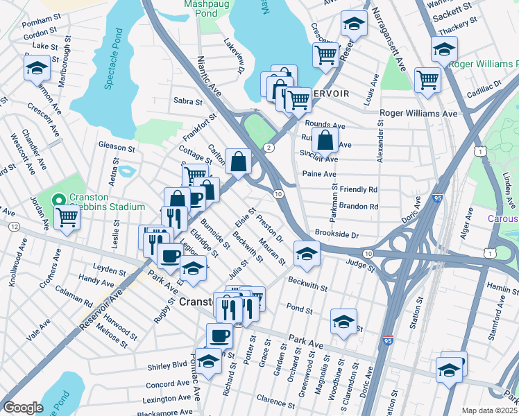 map of restaurants, bars, coffee shops, grocery stores, and more near 71 Beacon Circle in Cranston