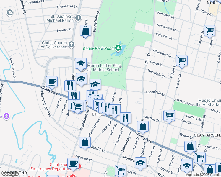 map of restaurants, bars, coffee shops, grocery stores, and more near 205 Greenfield Street in Hartford