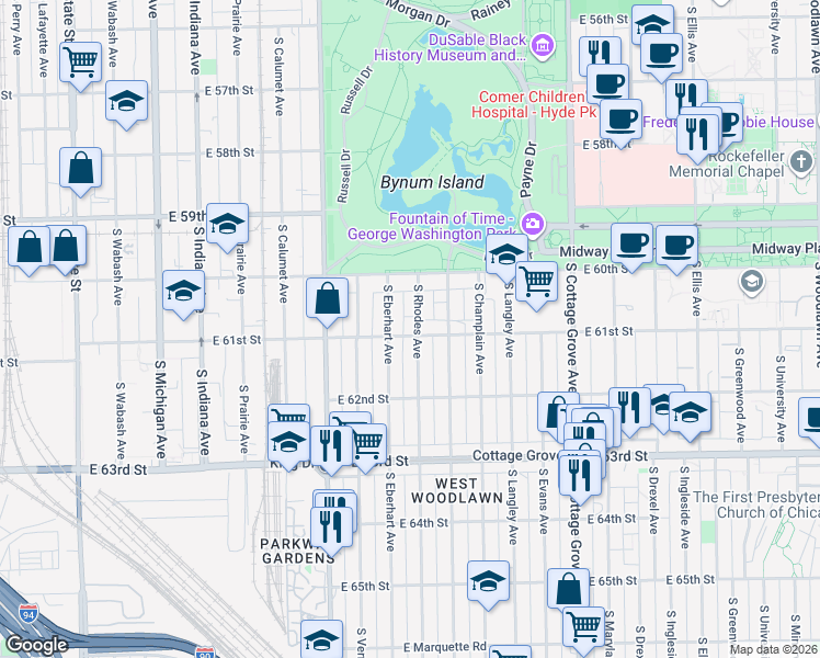 map of restaurants, bars, coffee shops, grocery stores, and more near 6105 South Rhodes Avenue in Chicago